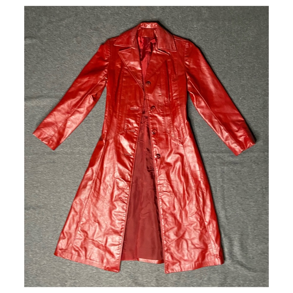 Woman’s red leather overcoat